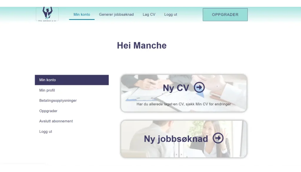 Bildet viser Min konto etter man har logget inn. Har kan du velge ny CV eller ny jobbsøknad.