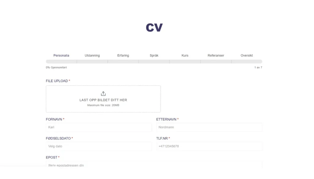 CV formen som skal fylles ut.