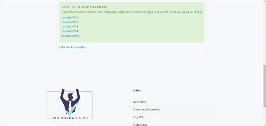 Etter man har fylt opp CV formen for du opp valg til  laste ned CV-en i forskjellige design. 