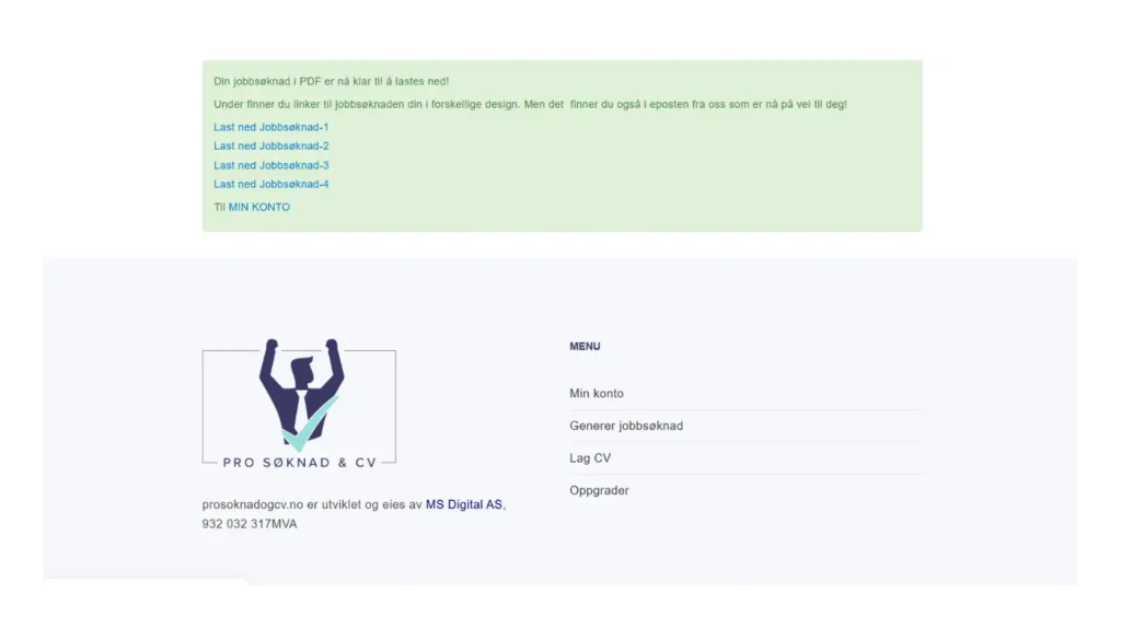 Etter man har fylt opp jobbsknad-skjemaet, får du opp valg til å laste ned jobbsøknaden i forskjellige design.