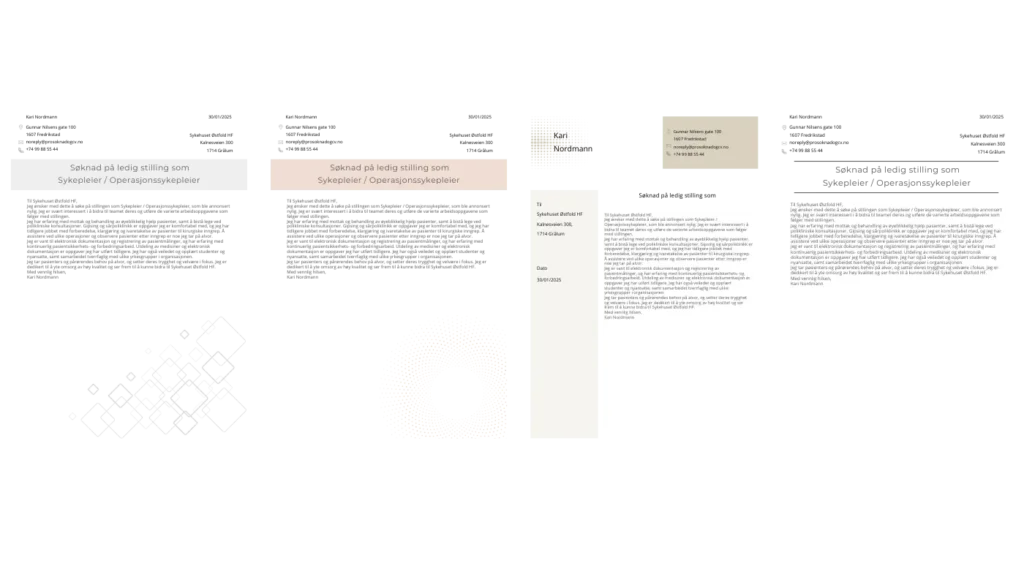 4 forskjelige PDF design av jobbsøknaden som du kan velge mellom og sende den du liker mest.