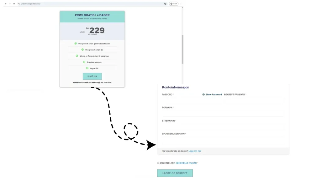 Bildet viser prisen og innlogging til min konto for generering av jobbsøknad og lage CV.